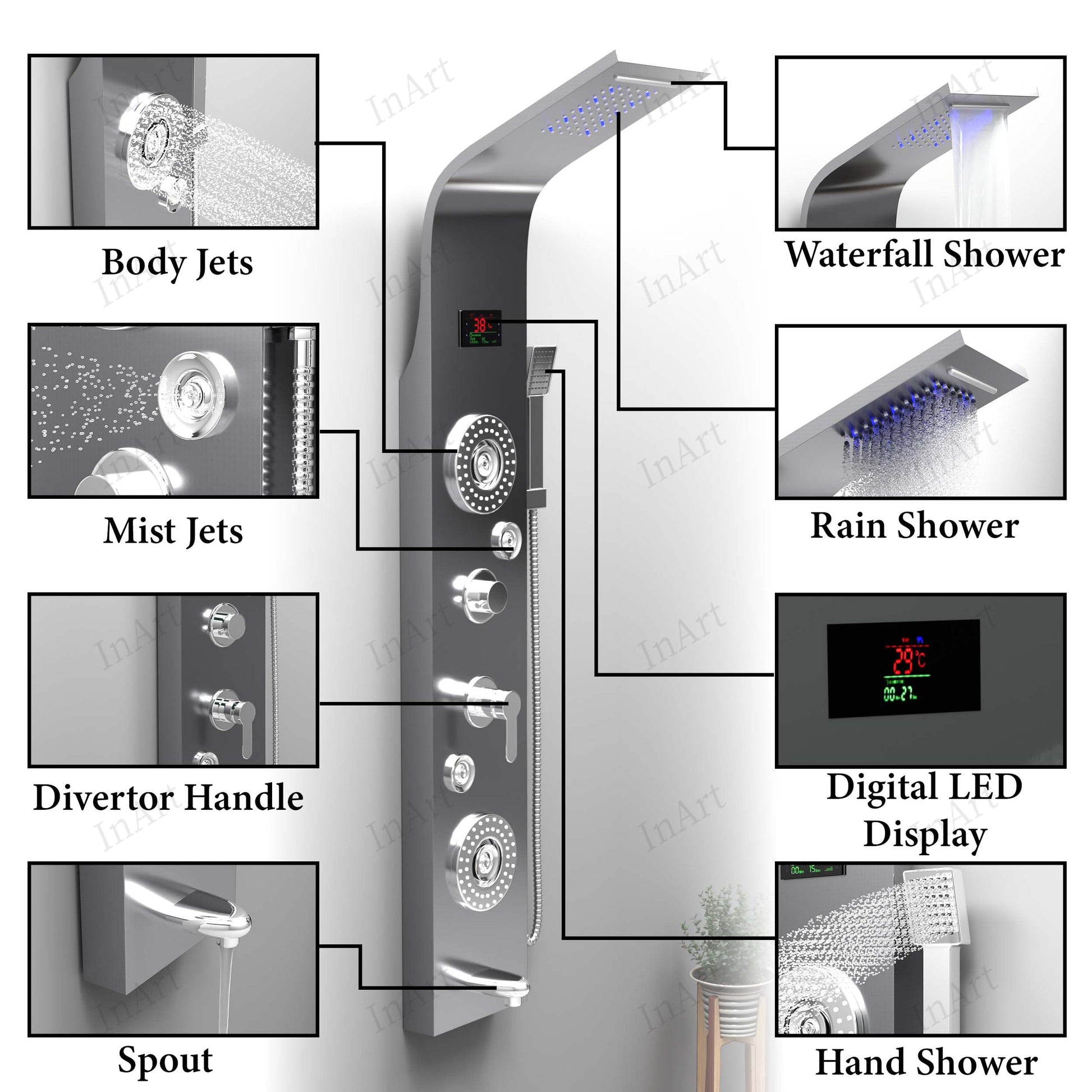 Hand shower and hose detail on InArt shower panel tower, brushed chrome finish for Indian bathroom upgrade