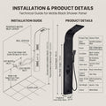 Tub spout and waterfall outlet detail on matte black shower panel with mixer for washroom