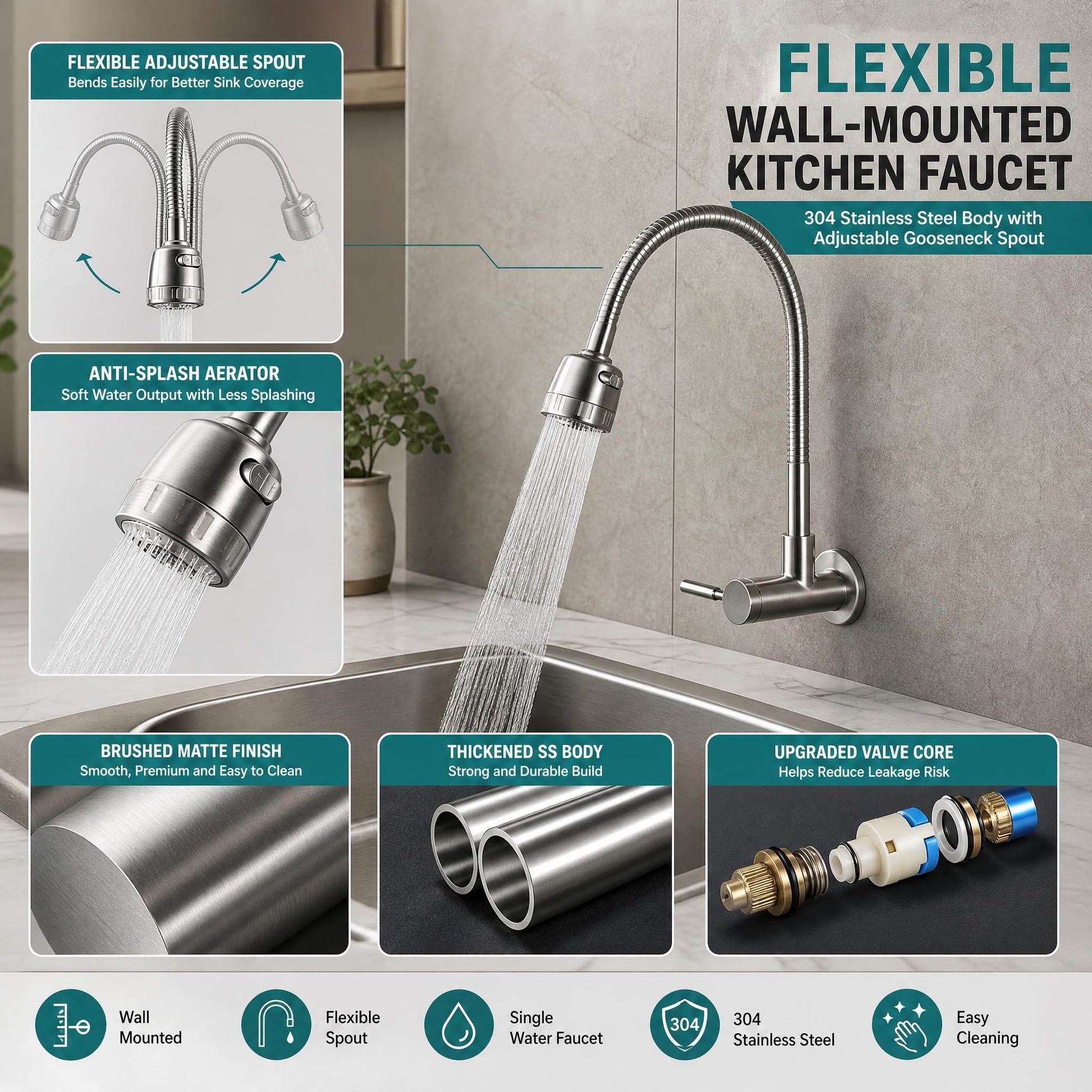 Corrugated metallic flexible spout detail on stainless steel kitchen tapware