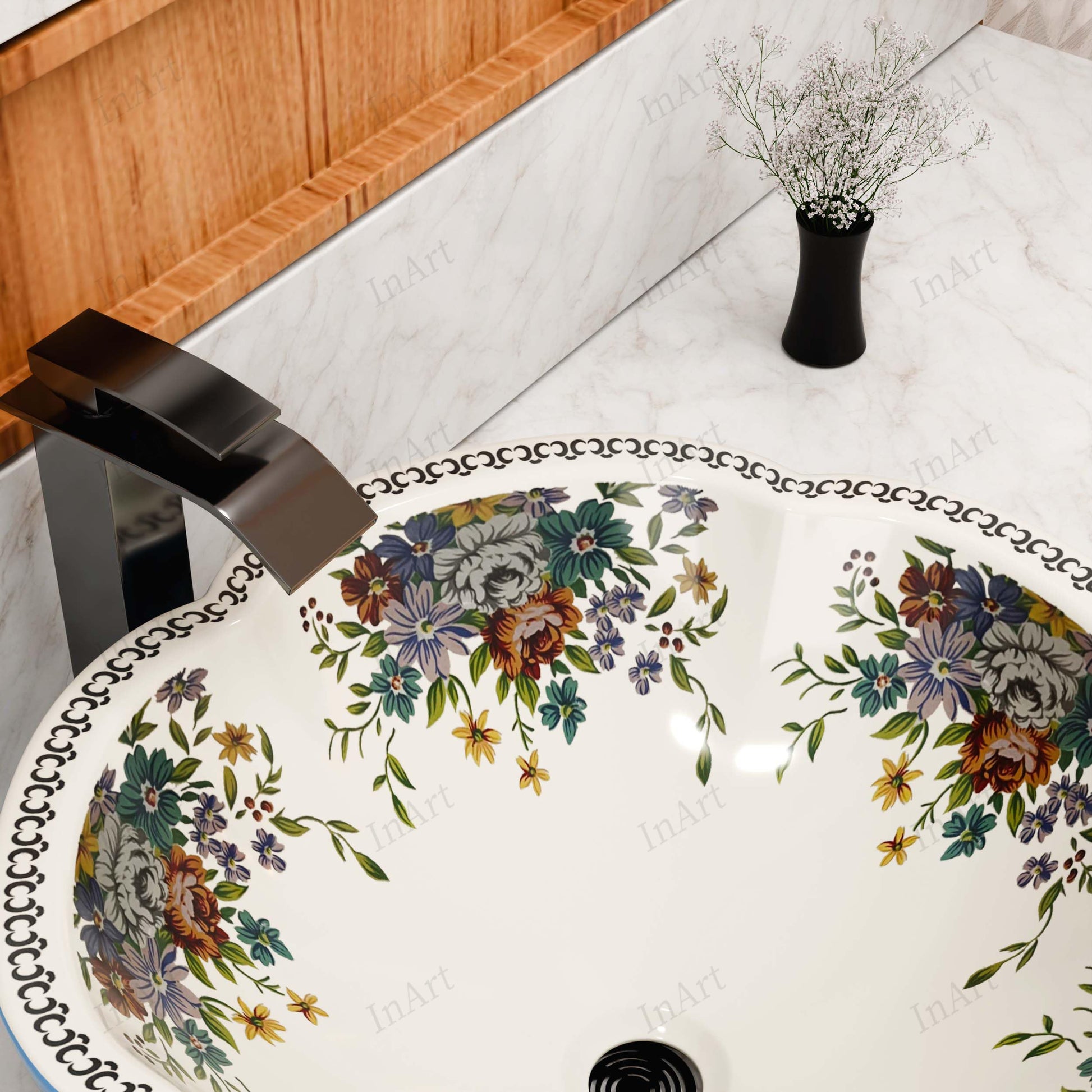 Designer bathroom sinks look with InArt round table top wash basin on vanity, blue floral ceramic