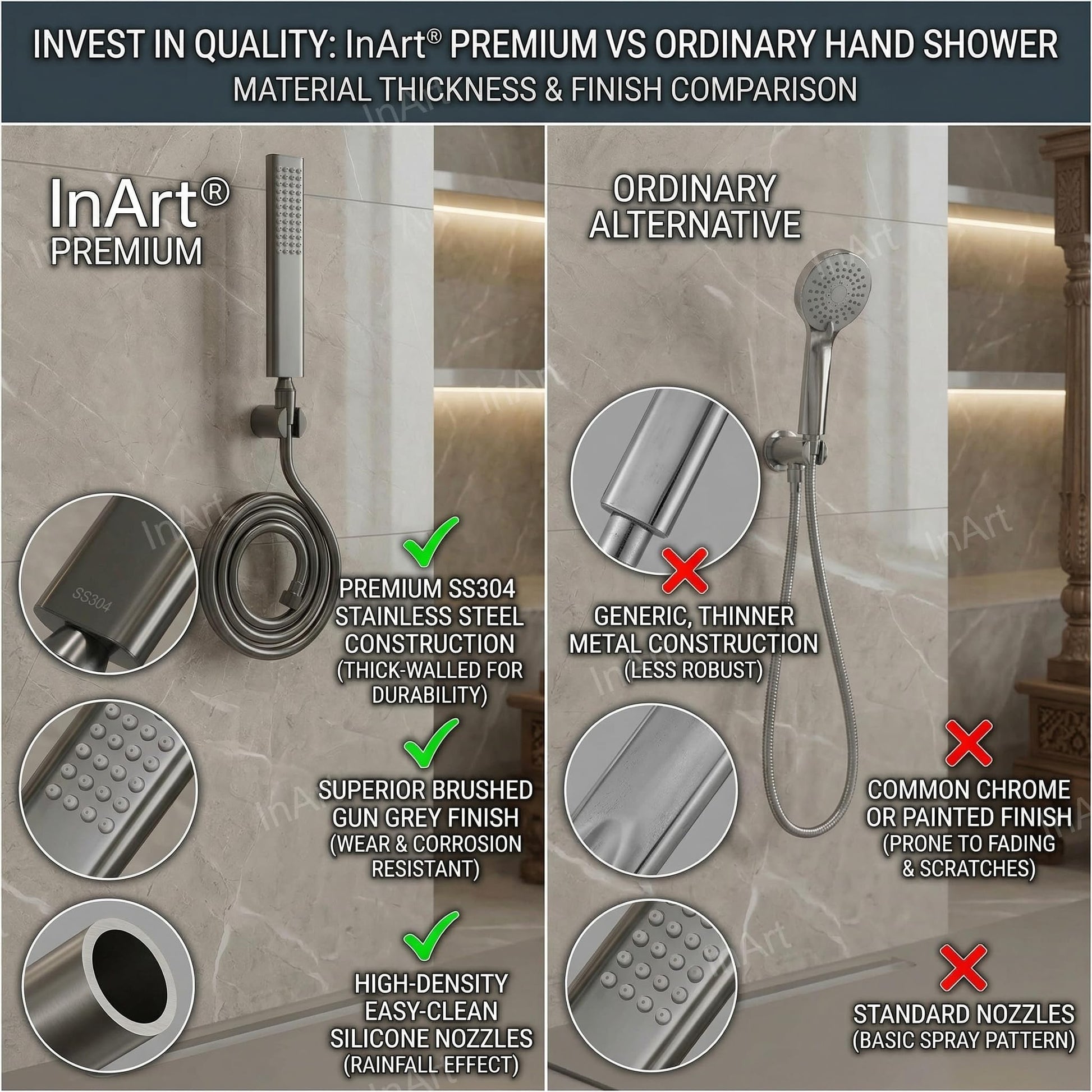 Side angle: InArt gun grey SS304 hand shower with wall hook mount, ideal for wash basin utility tap area