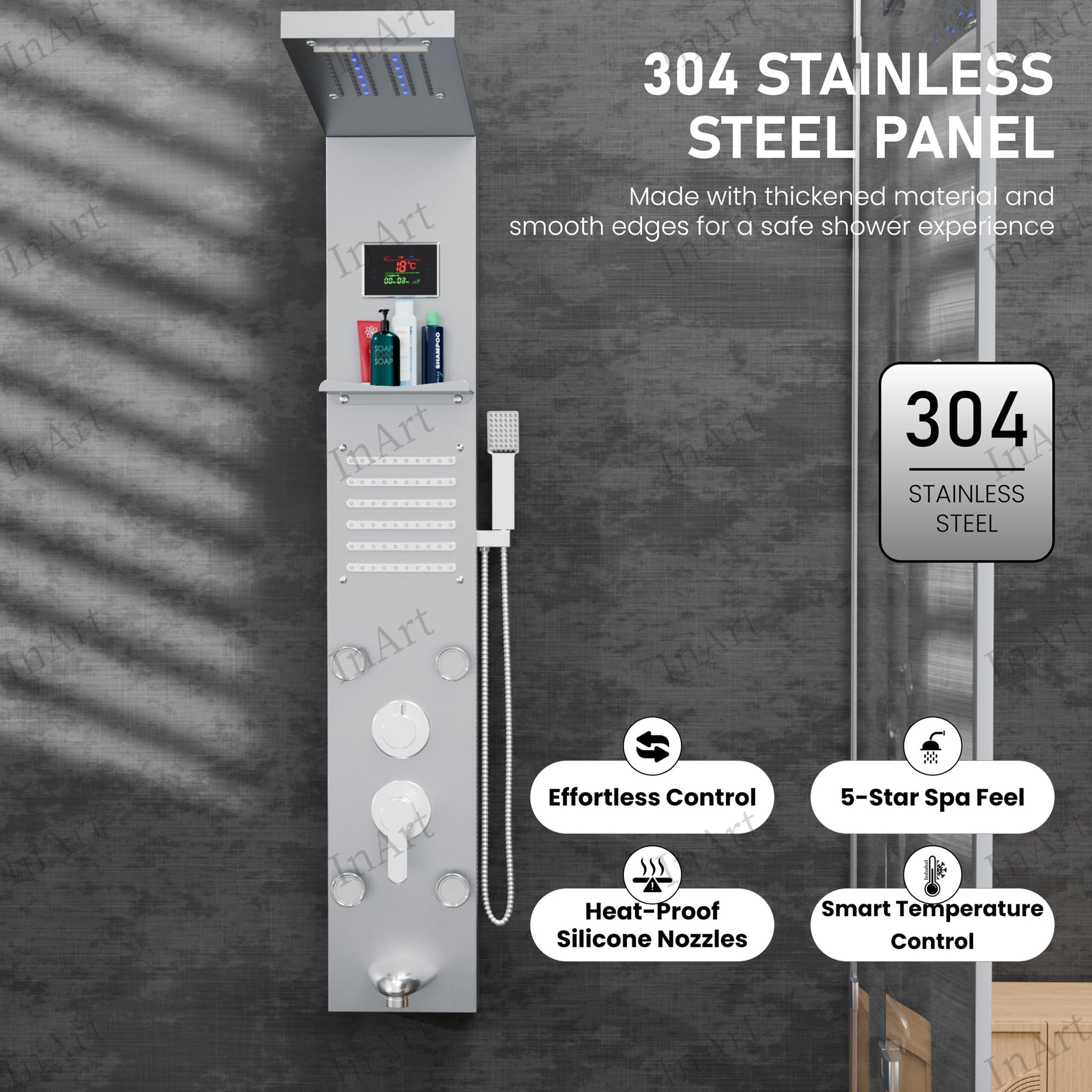 InArt bath panel shower, brushed finish, wall mount showerwall