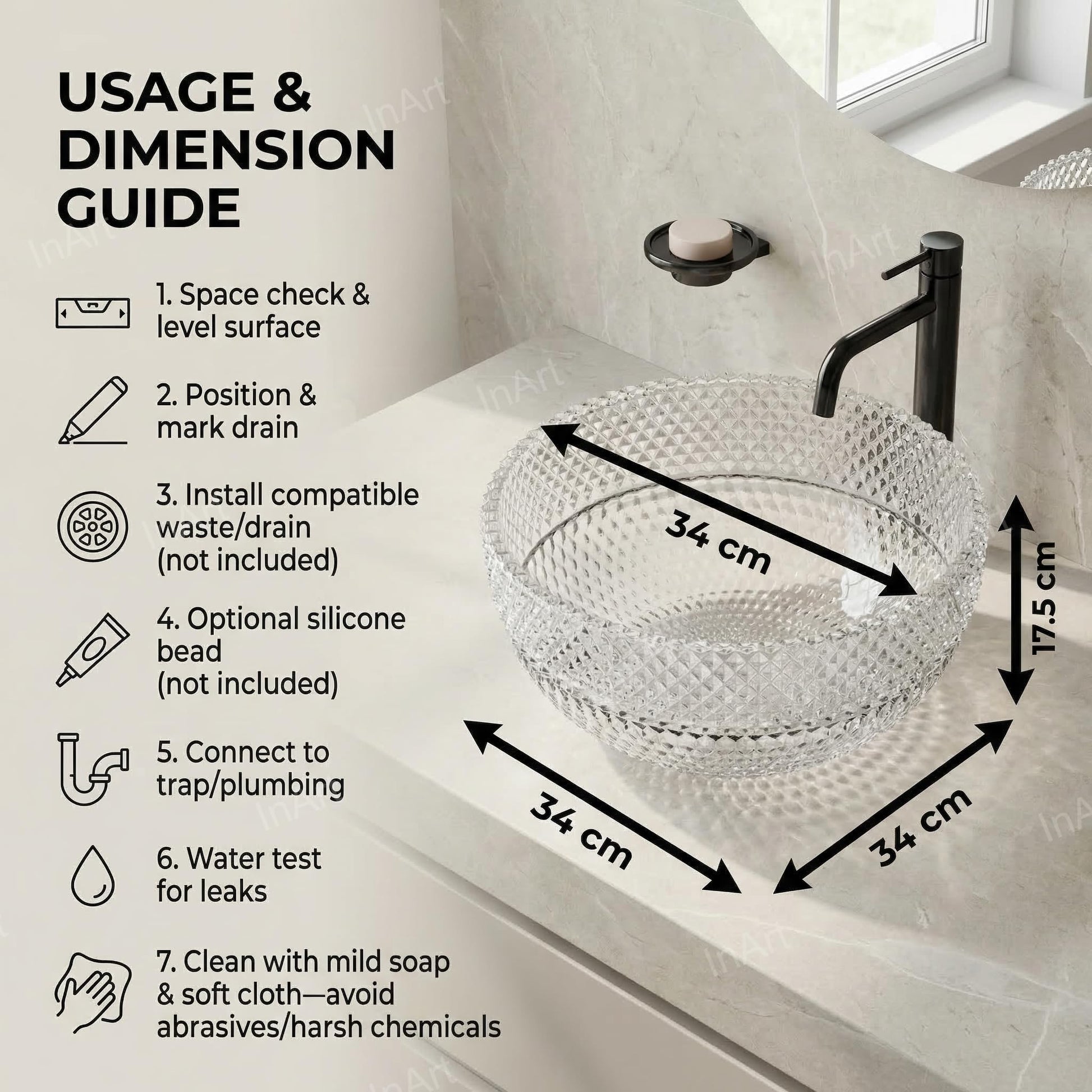 Clear glass basin placed on vanity counter for contemporary washroom setup
