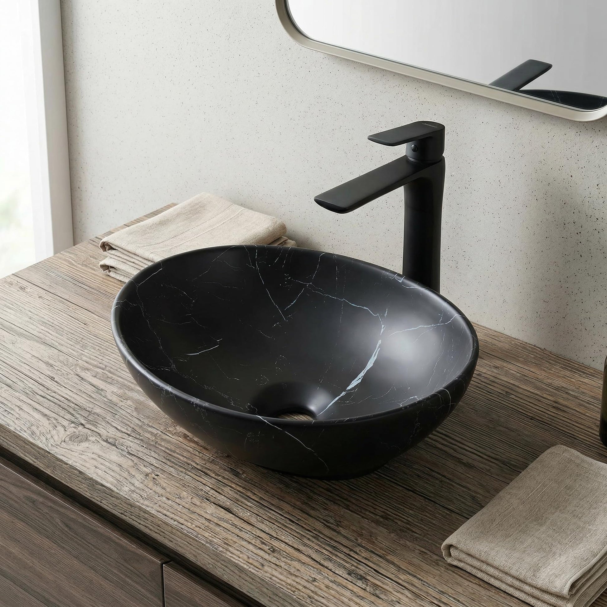 InArt ceramic table top wash basin, matte black rectangular countertop basin 41x34x15 cm front view