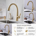 Glossy brushed gold wash basin mixer tap body detail and spout curve