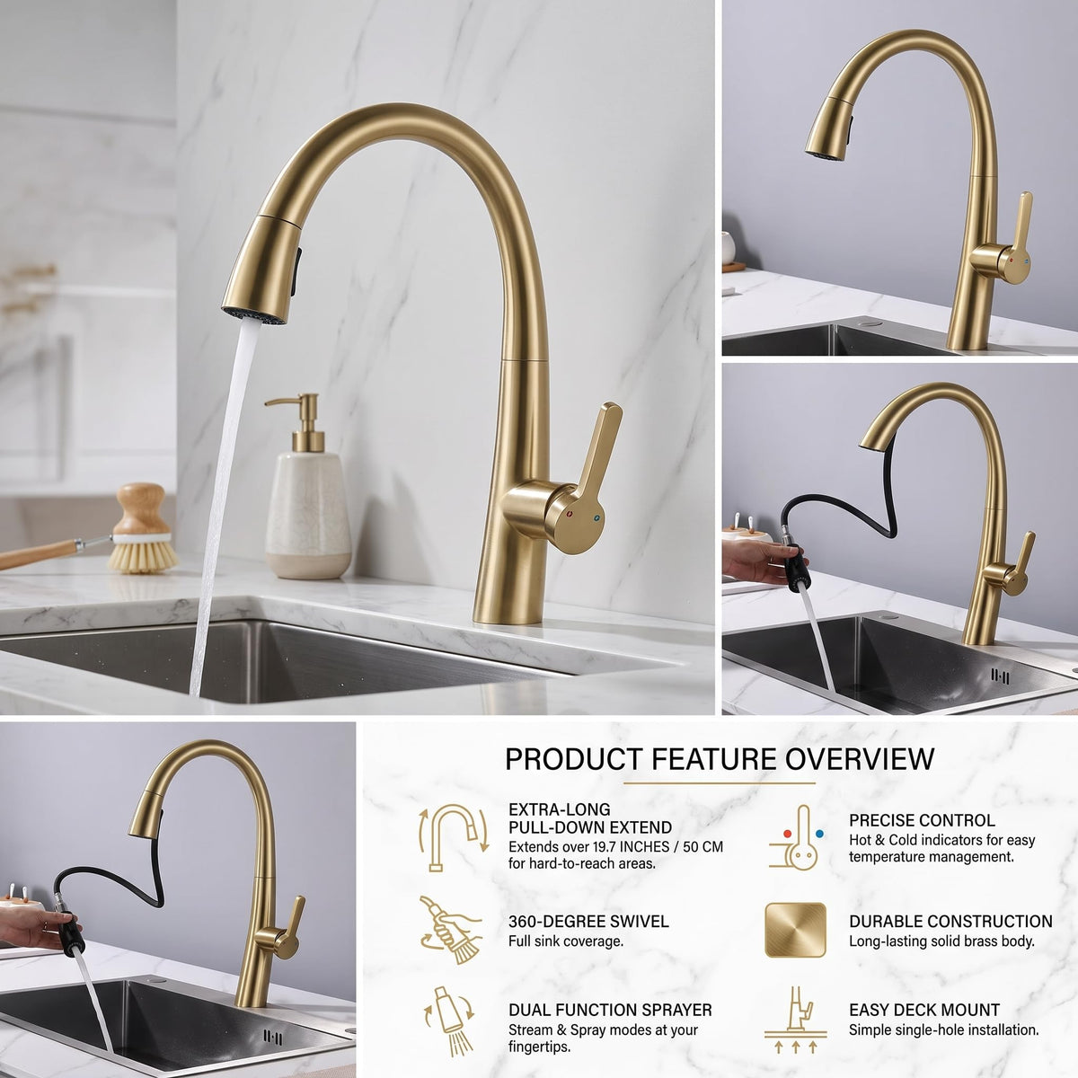 Glossy brushed gold wash basin mixer tap body detail and spout curve