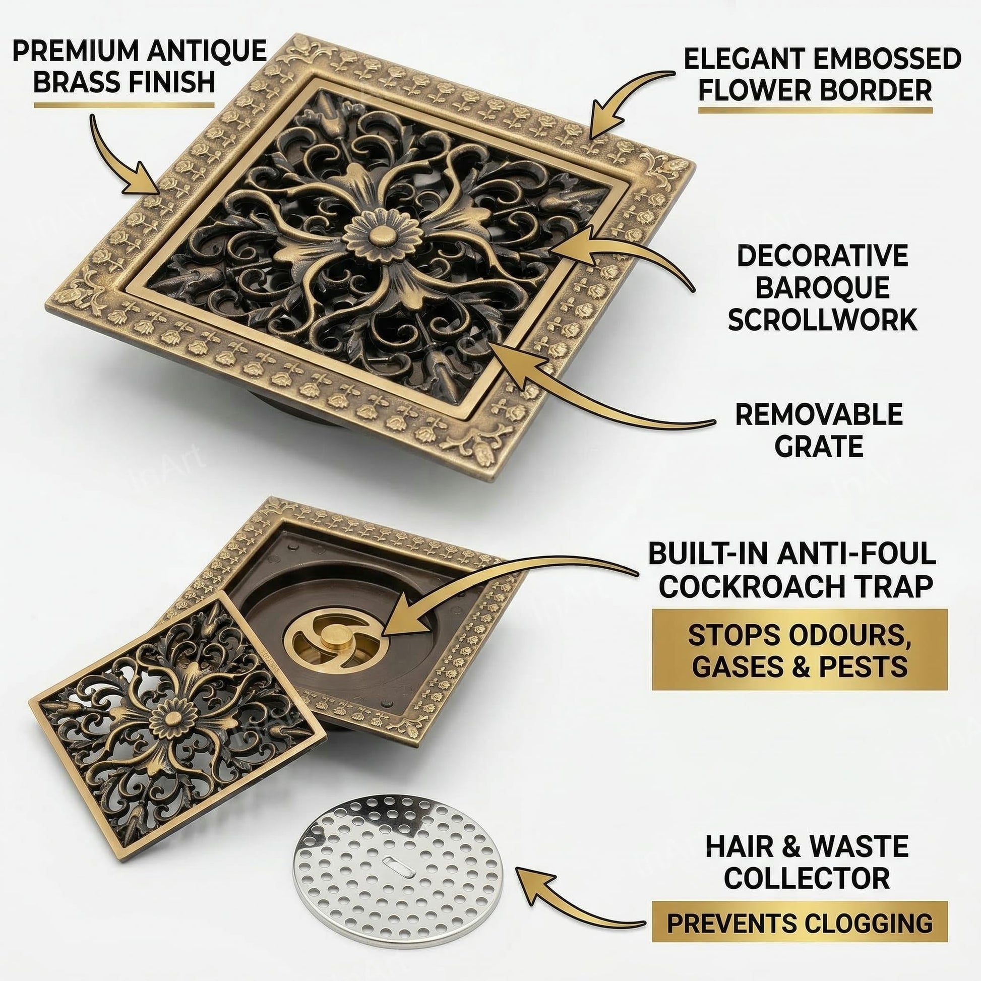 Modern bathroom drain jali design in antique brass, side angle showing easy-clean cockroach trap insert