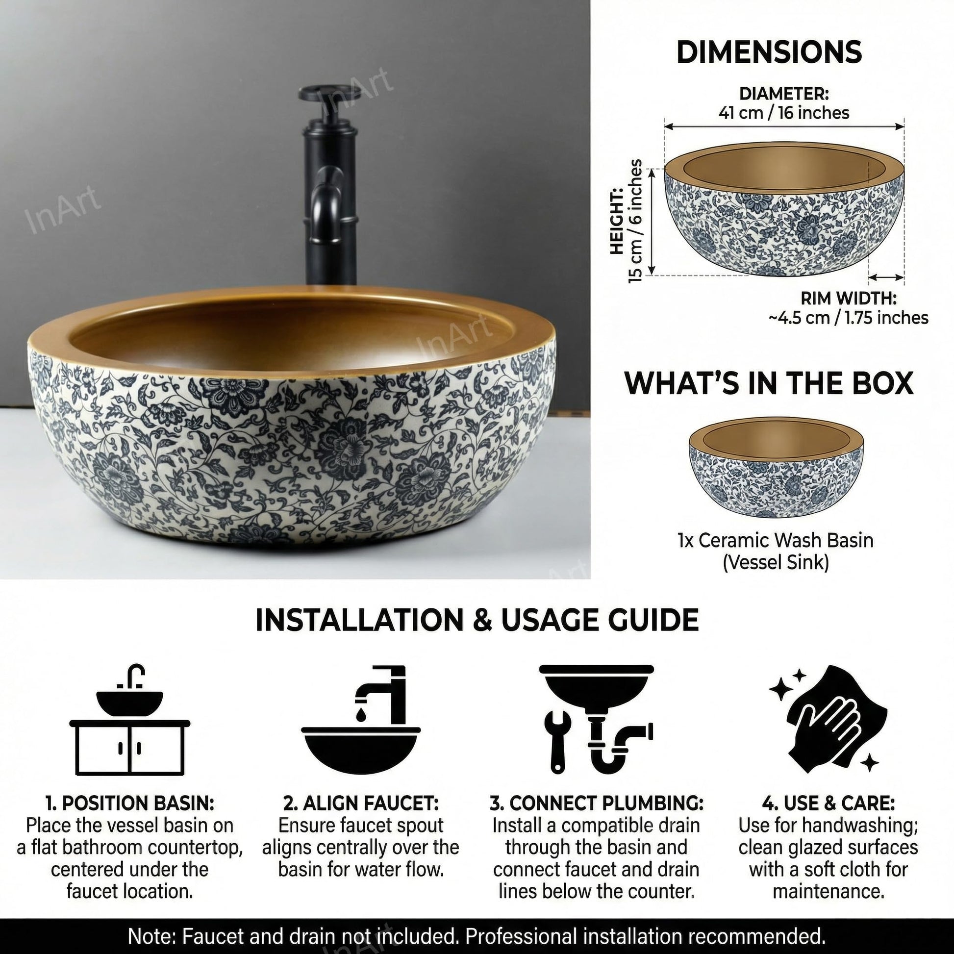 InArt designer ceramic wash basin on bath countertop with sink setup, modern bathroom styling, square basin