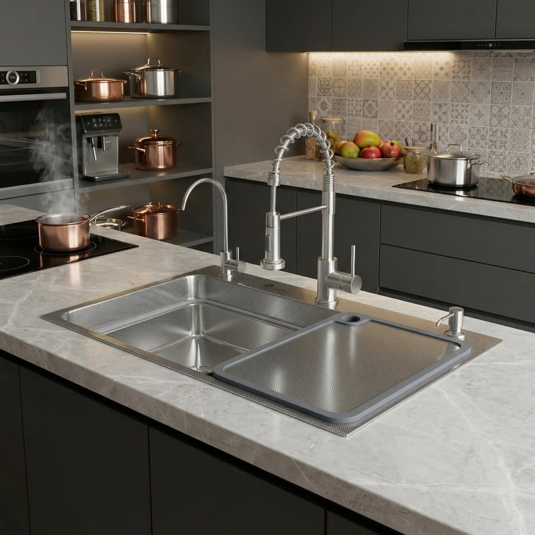 InArt deep single bowl kitchen sink 22 cm in 304 stainless steel, rectangular modern silver honeycomb finish