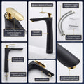 Modern bathroom single lever basin tap in black gold, side angle view for hot and cold water control