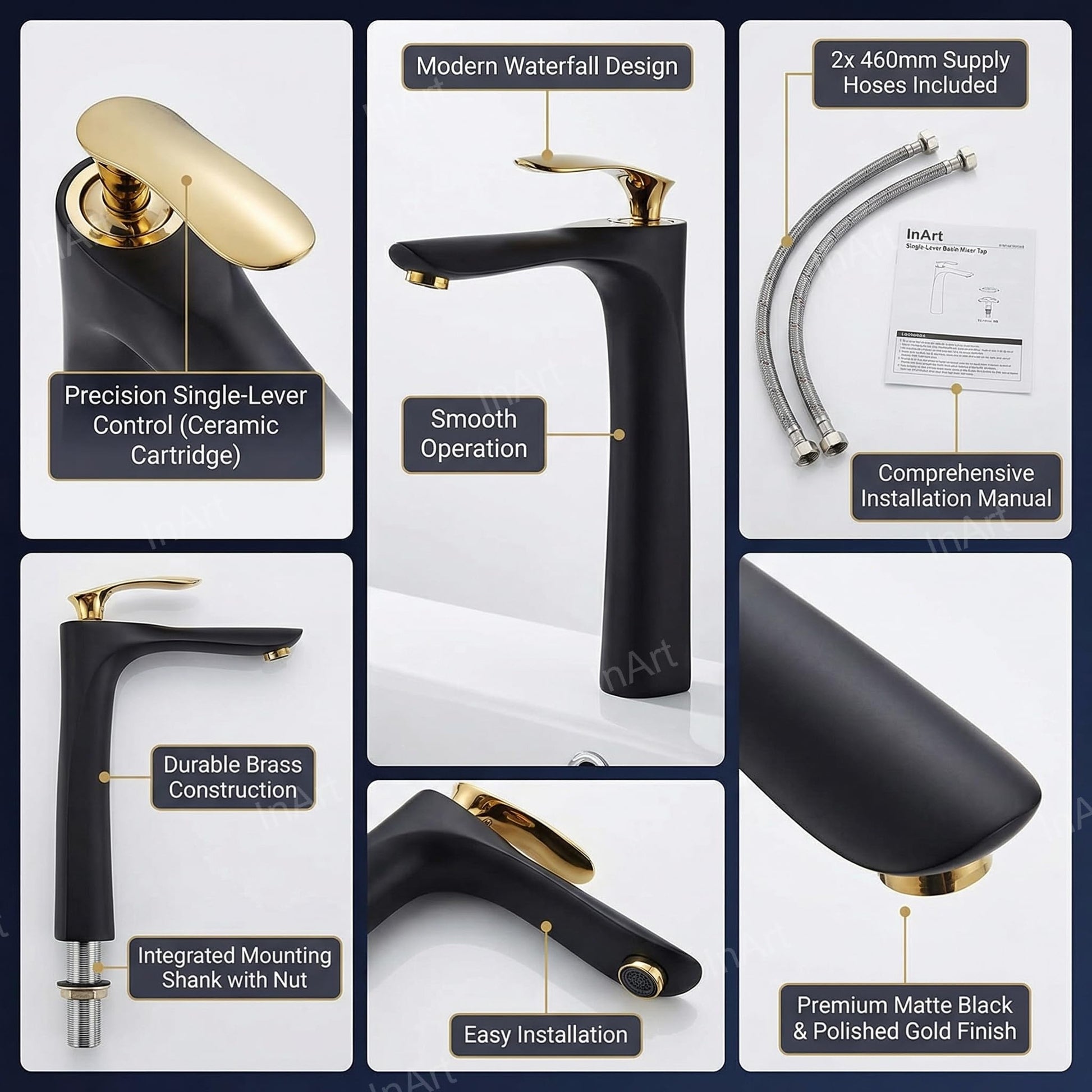Modern bathroom single lever basin tap in black gold, side angle view for hot and cold water control