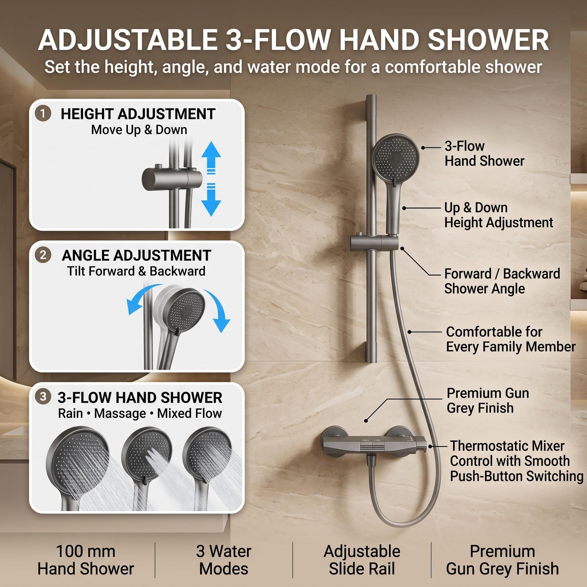 Gun grey bathroom wall mixer faucet close-up showing premium finish surface