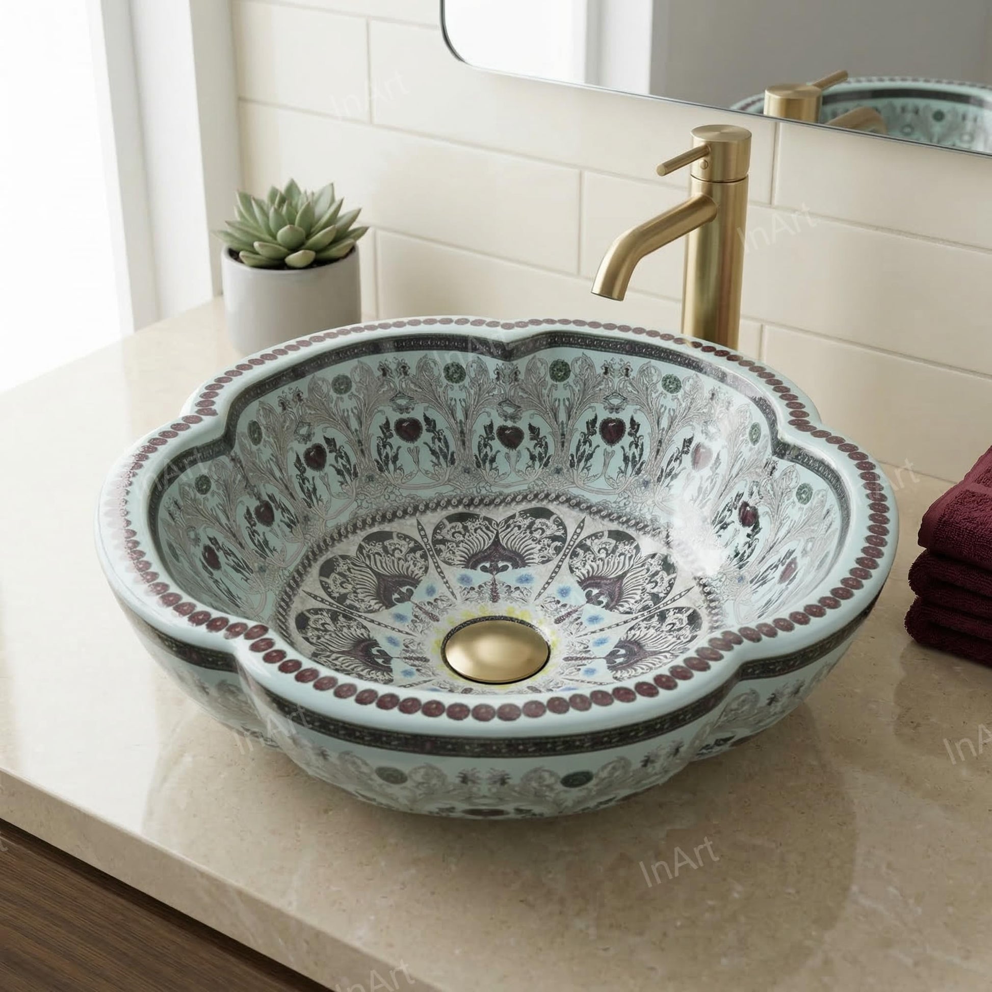 Close-up of glossy light blue ceramic rim, premium table top wash basin design detail