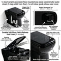 InArt ceramic western toilet commode in black, side angle of square one piece western commode with S trap outlet