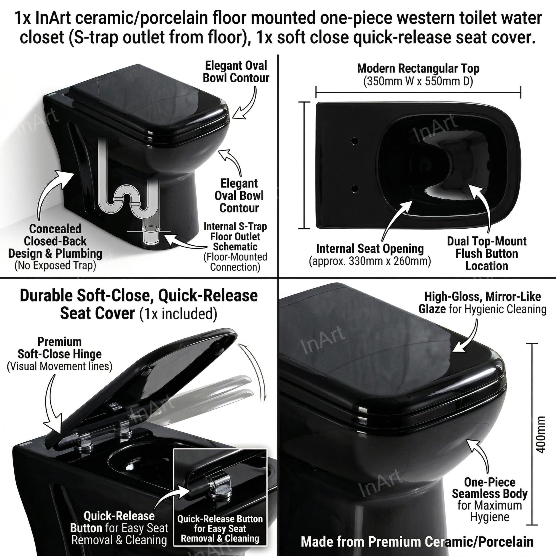 InArt ceramic western toilet commode in black, side angle of square one piece western commode with S trap outlet