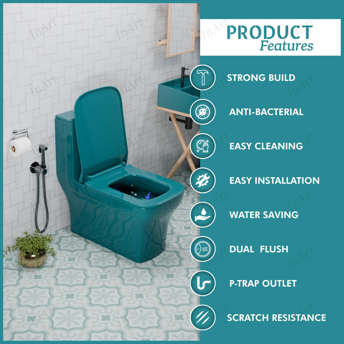 cera single piece commode by InArt, green glossy ceramic one piece western toilet with soft close seat, front view