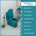 Green ceramic western toilet one piece closet, floor mounted P-trap commode, angled side view for Indian bathrooms