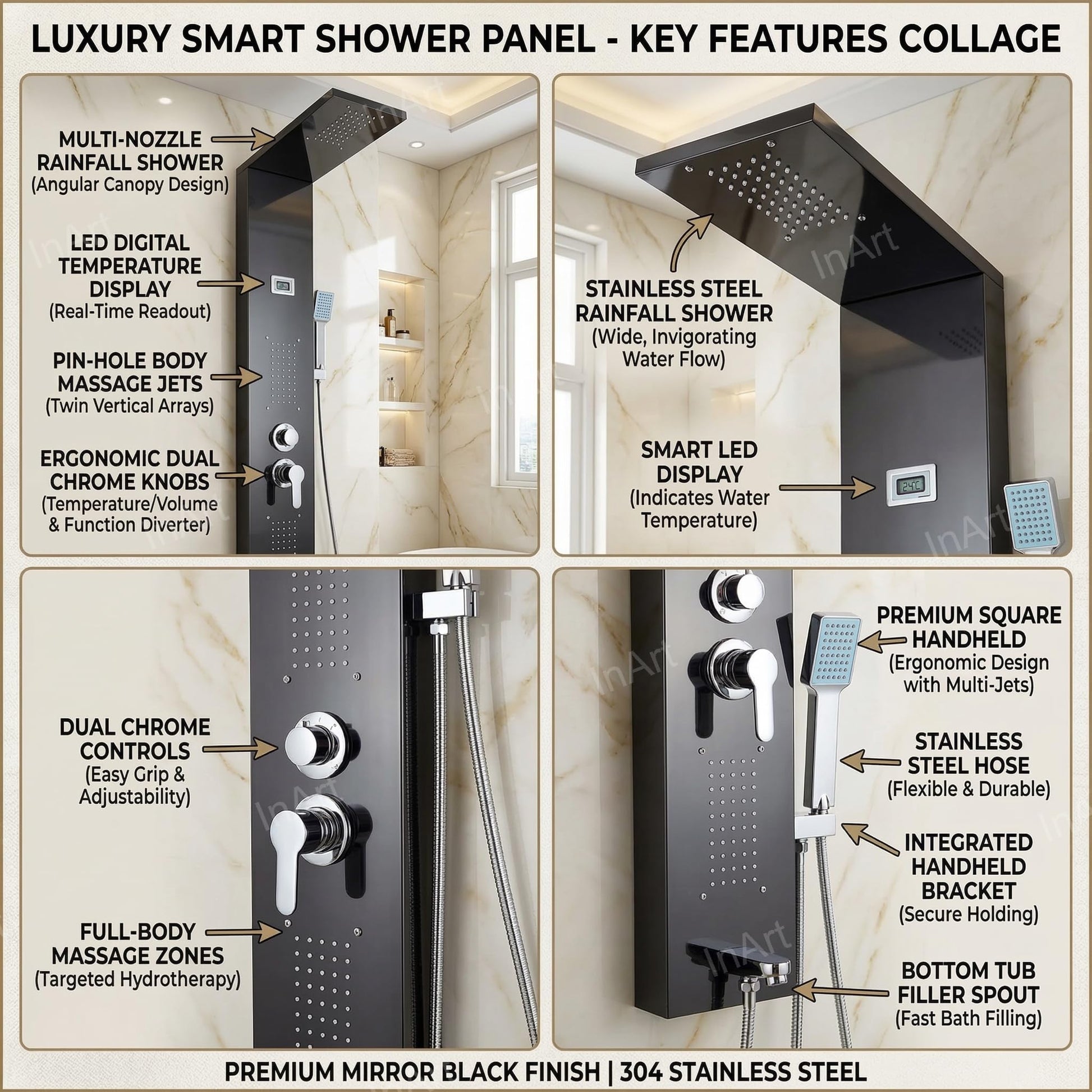 Matte black shower tower style shower panel in mirror black finish, side angle with hand shower and spout