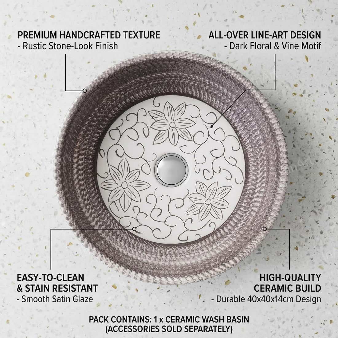 Ash grey matt ceramic round table top wash basin on counter top, 40x40x14 cm
