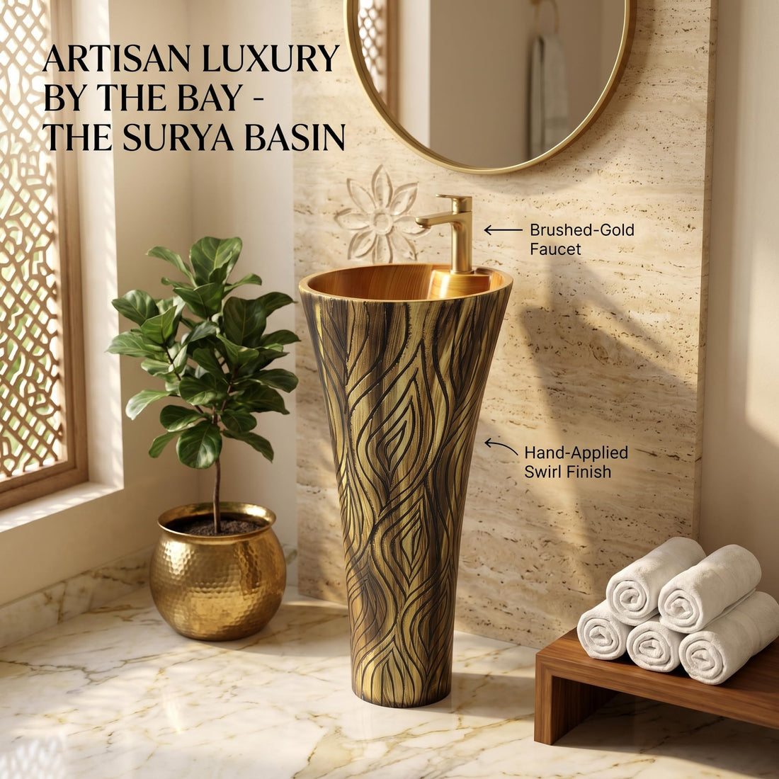 washbasindesign InArt ceramic oval pedestal wash basin with wooden finish, front view for bathroom