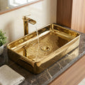 InArt ceramic table top wash basin design, rectangular gold counter top bathroom sink front view