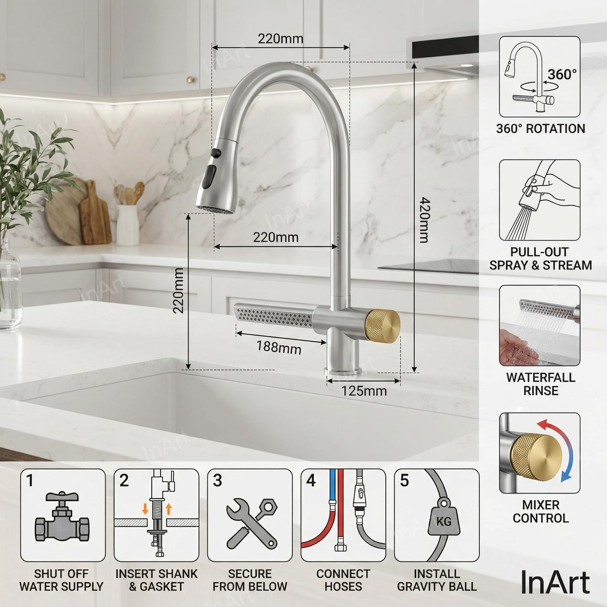 Pull down faucet for kitchen sink with 360° swivel spout, chrome brass pull out mixer tap for easy cleaning