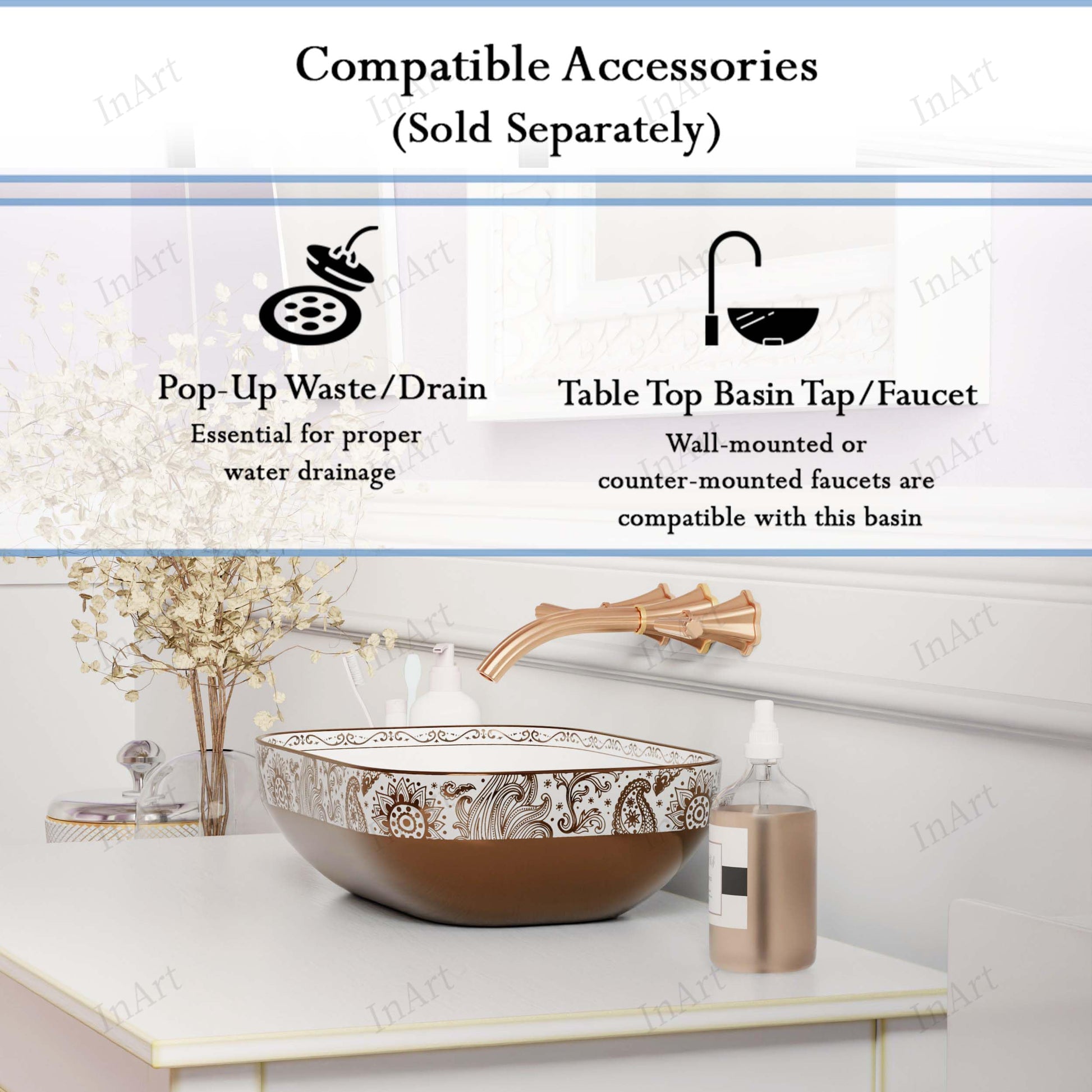 InArt contemporary wash basin for washroom, rose gold ceramic table top basin showing smooth rim detail