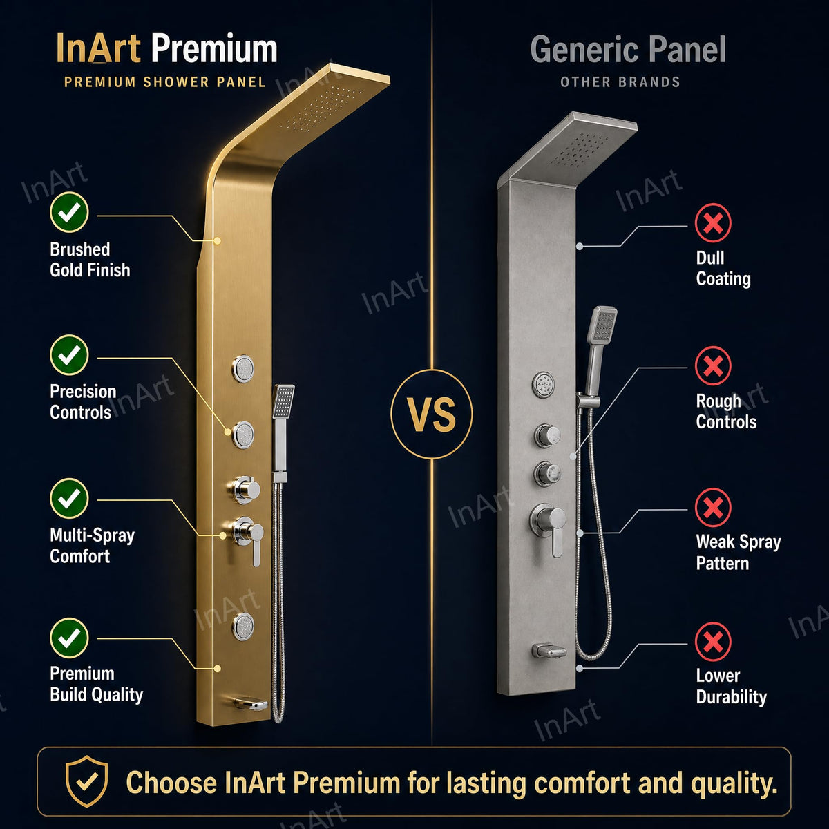 Ceiling shower set style rainfall head on gold shower panel, top section detail with sleek rectangular design