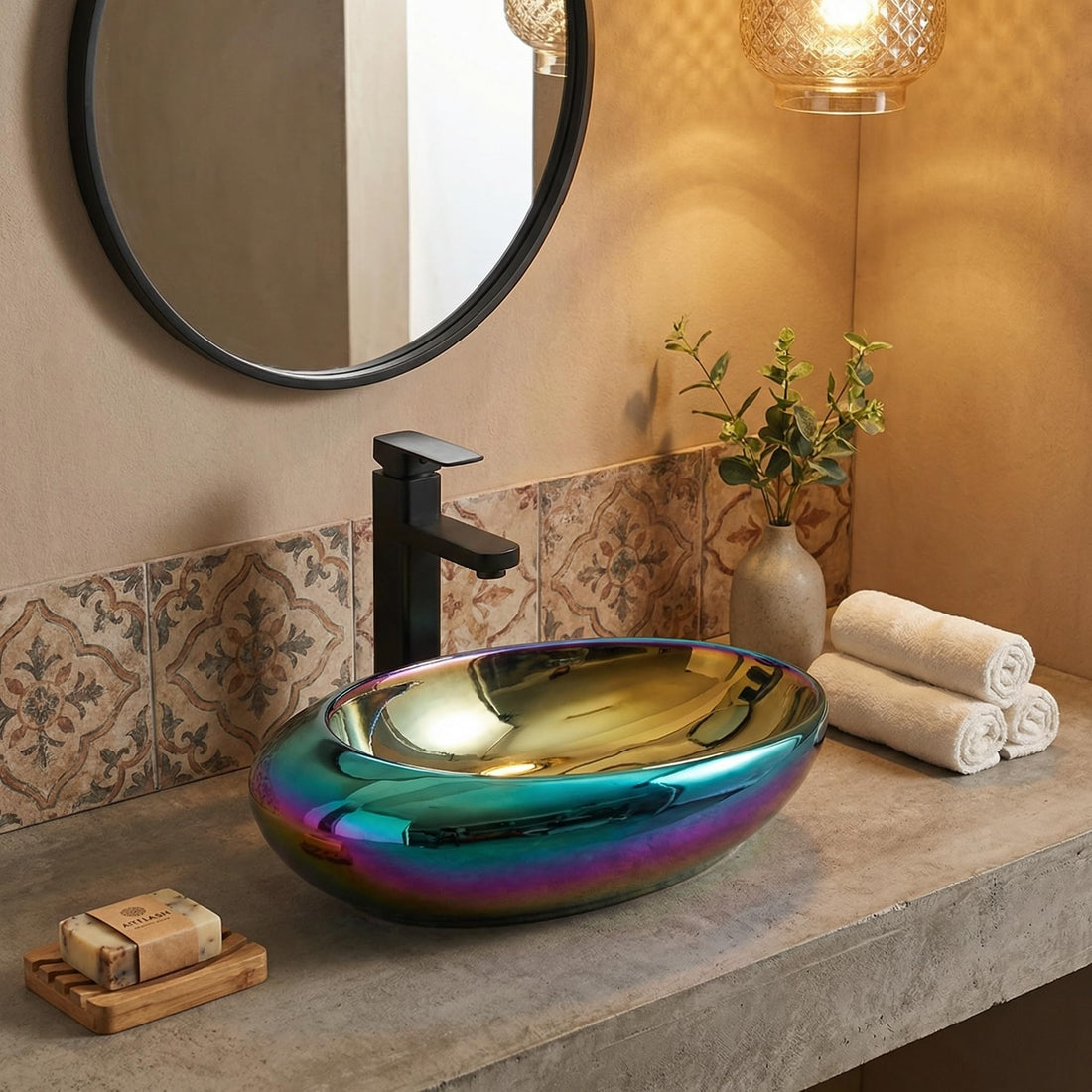 InArt cera table top wash basin in glossy white ceramic oval, main front view for modern bathroom