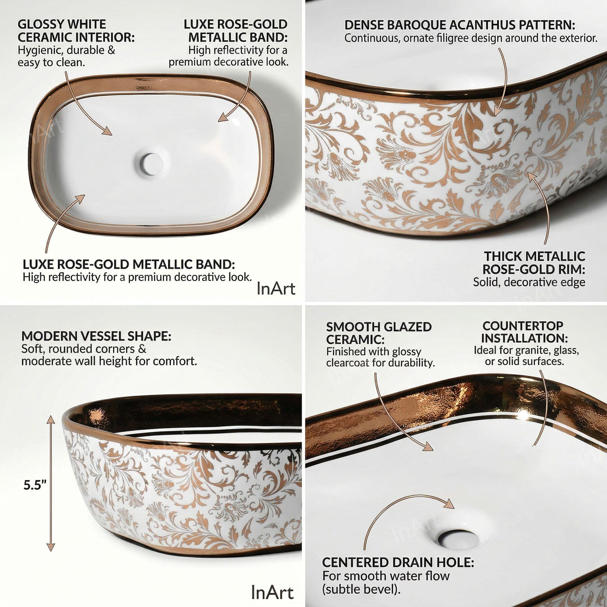 Modern table top wash basin design for bathroom, rectangular ceramic basin in rose gold, side angle