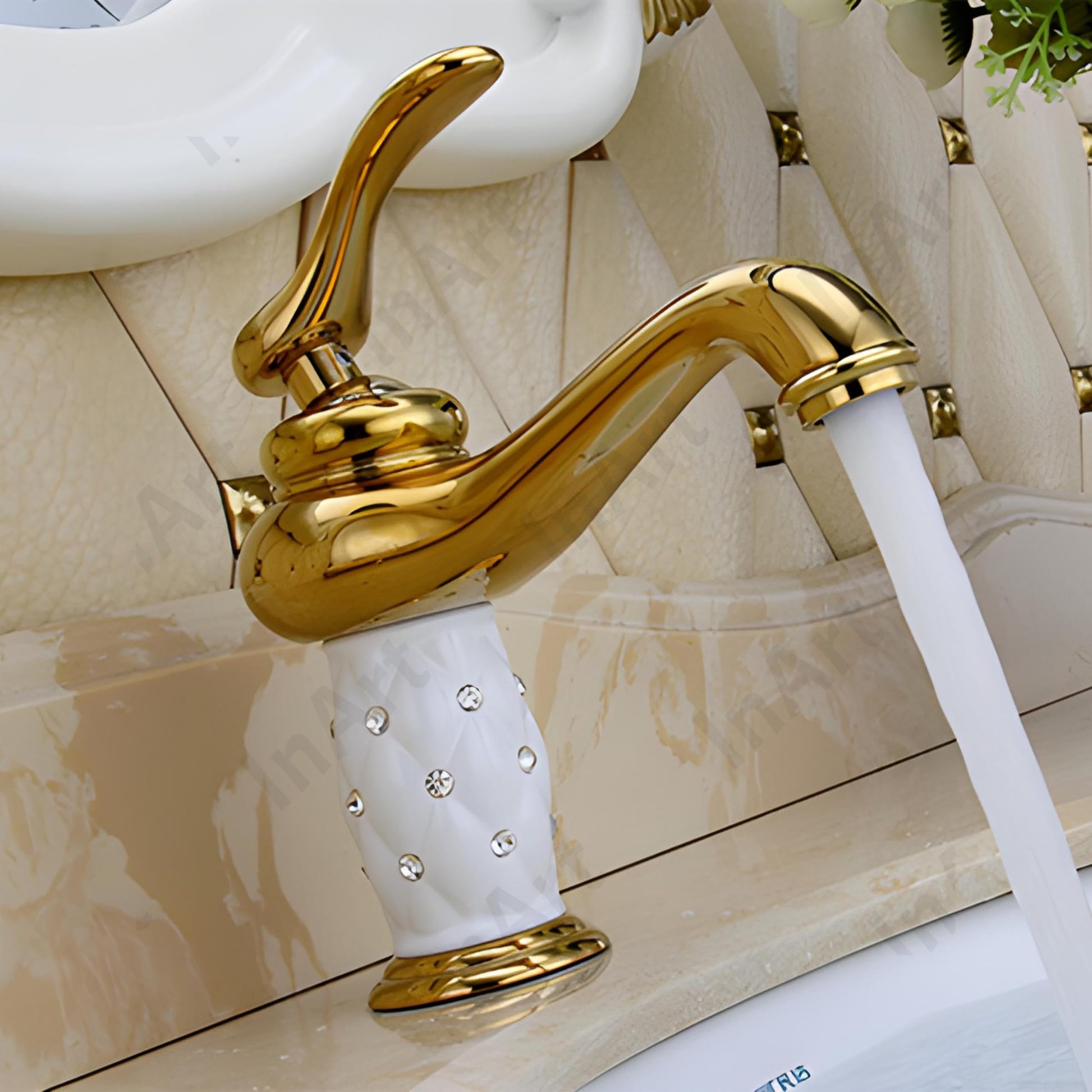 Designer taps for wash basin in gold finish, single handle waterfall basin tap, side angle deck mount