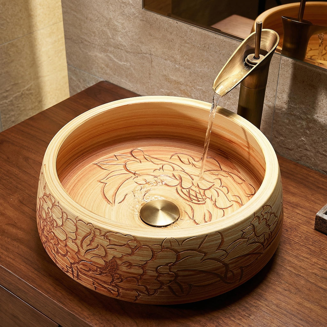 Table top wash basin design by InArt, square ceramic wooden colour finish, 42x42 cm bathroom basin