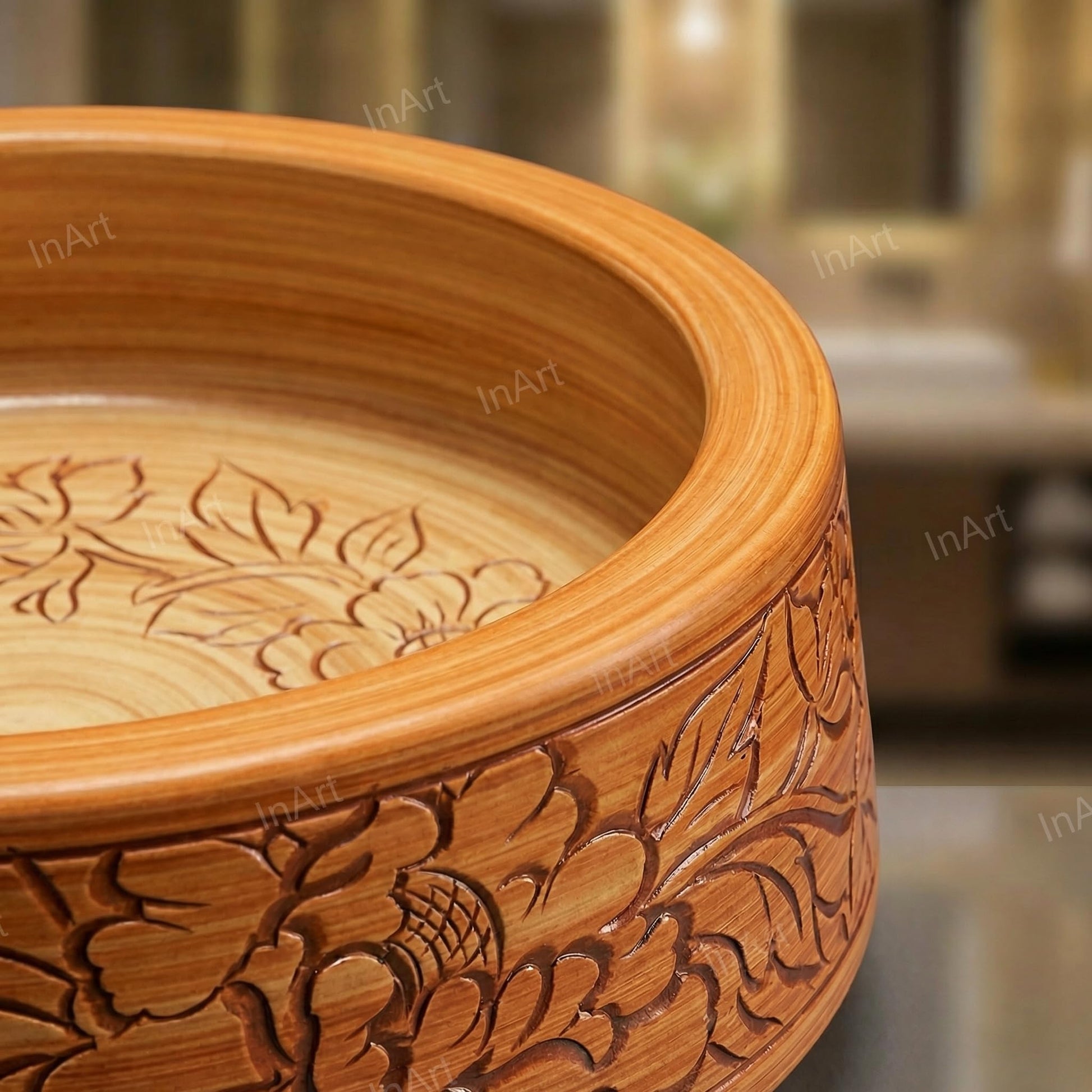 Table top wash basin counter design, square ceramic basin in wooden colour finish for stylish washroom