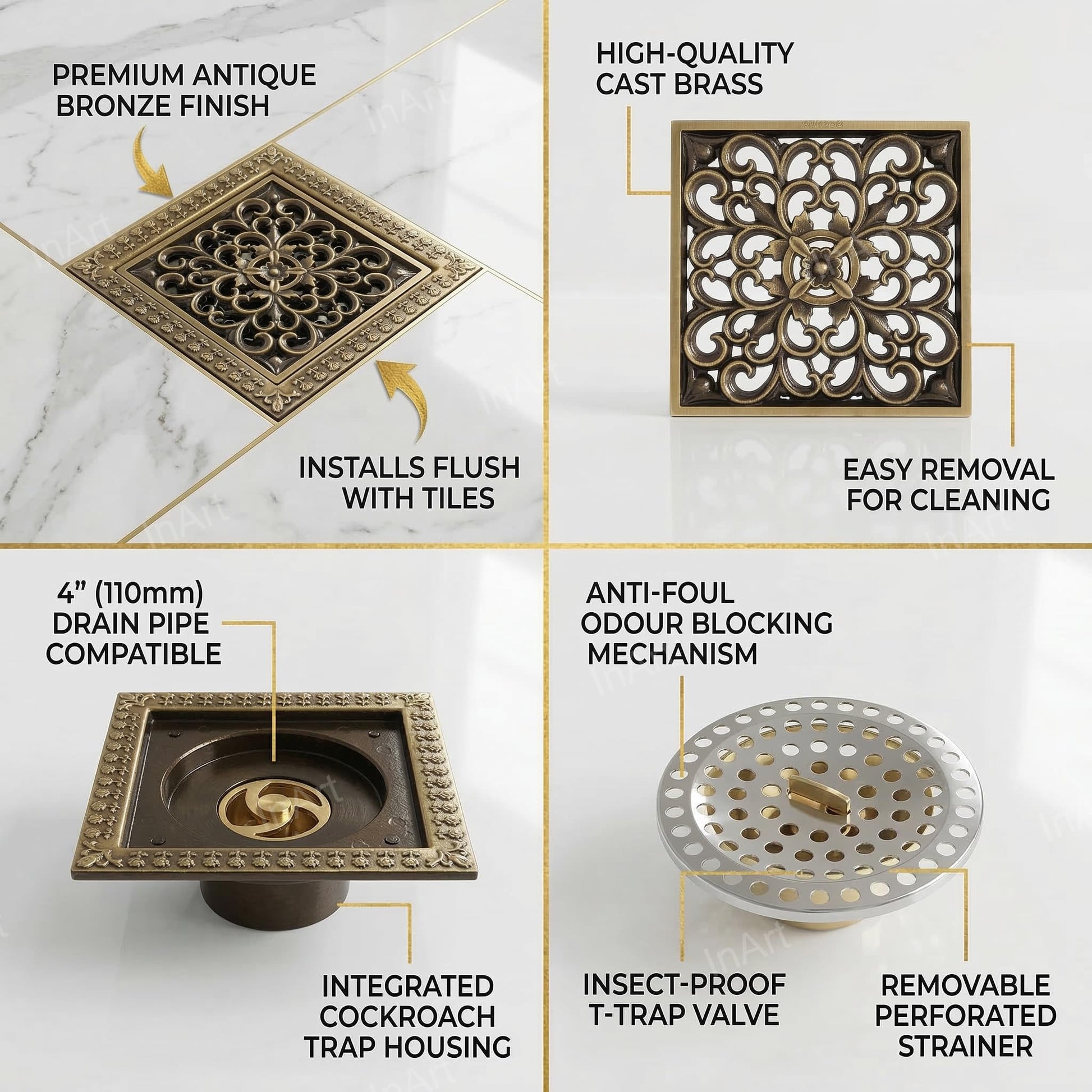 Chilly bathroom jali style brass floor drain with anti-foul cockroach trap, side angle showing 4 inch outlet