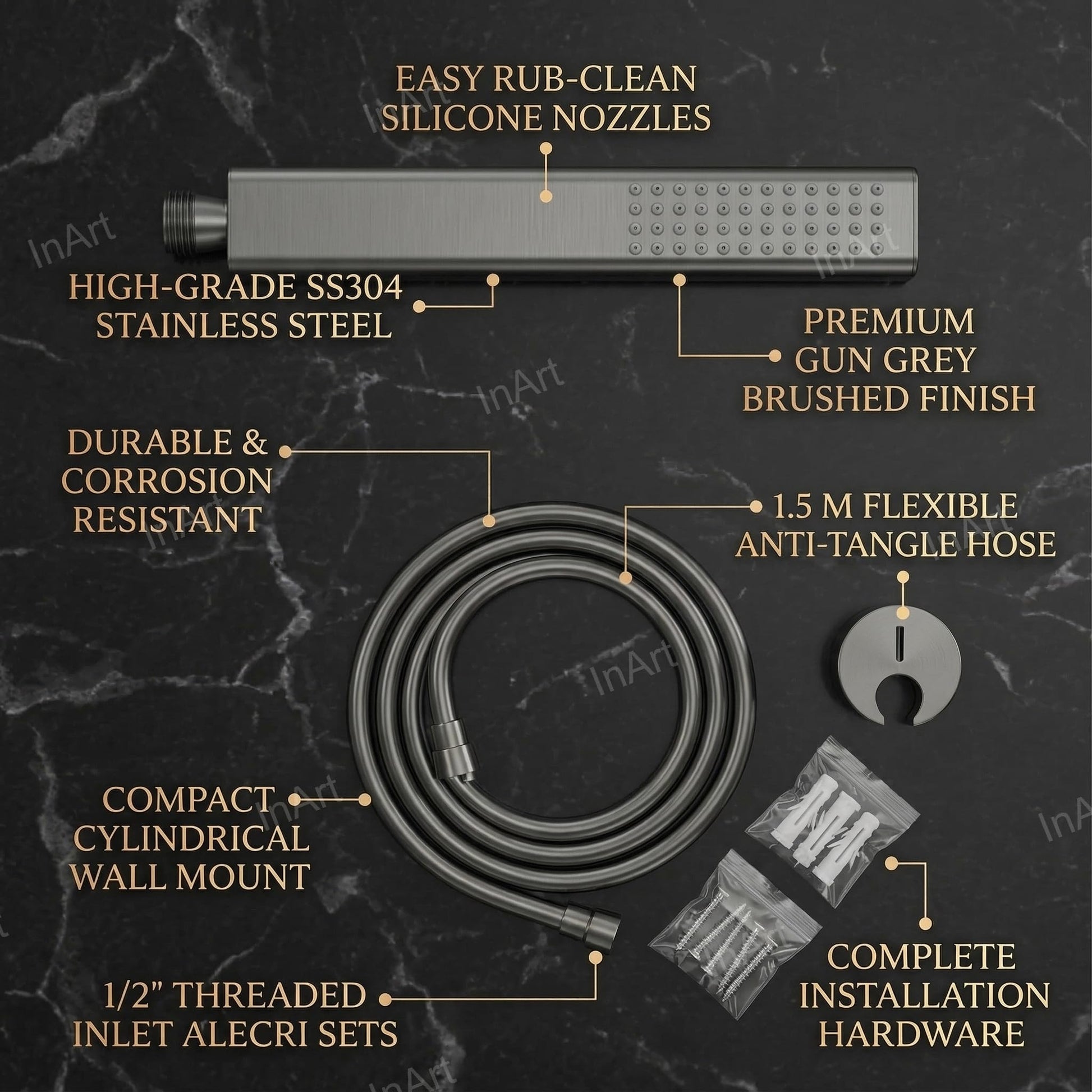 Hand shower set with 1.5 meter tube pipe, gun grey finish, SS304 handheld shower head with hose and wall hook