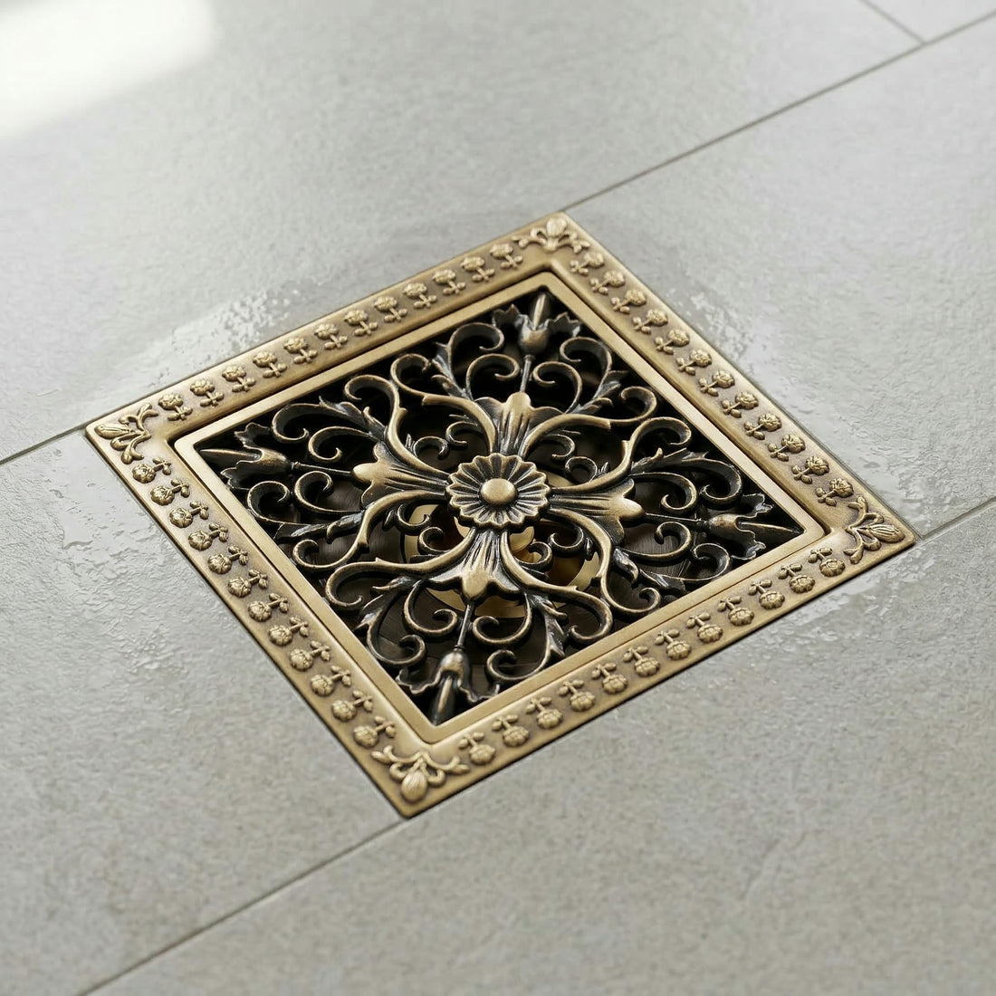 InArt cockroach jali 4 inch in antique brass, square floor drain cover with trap for bathroom and kitchen