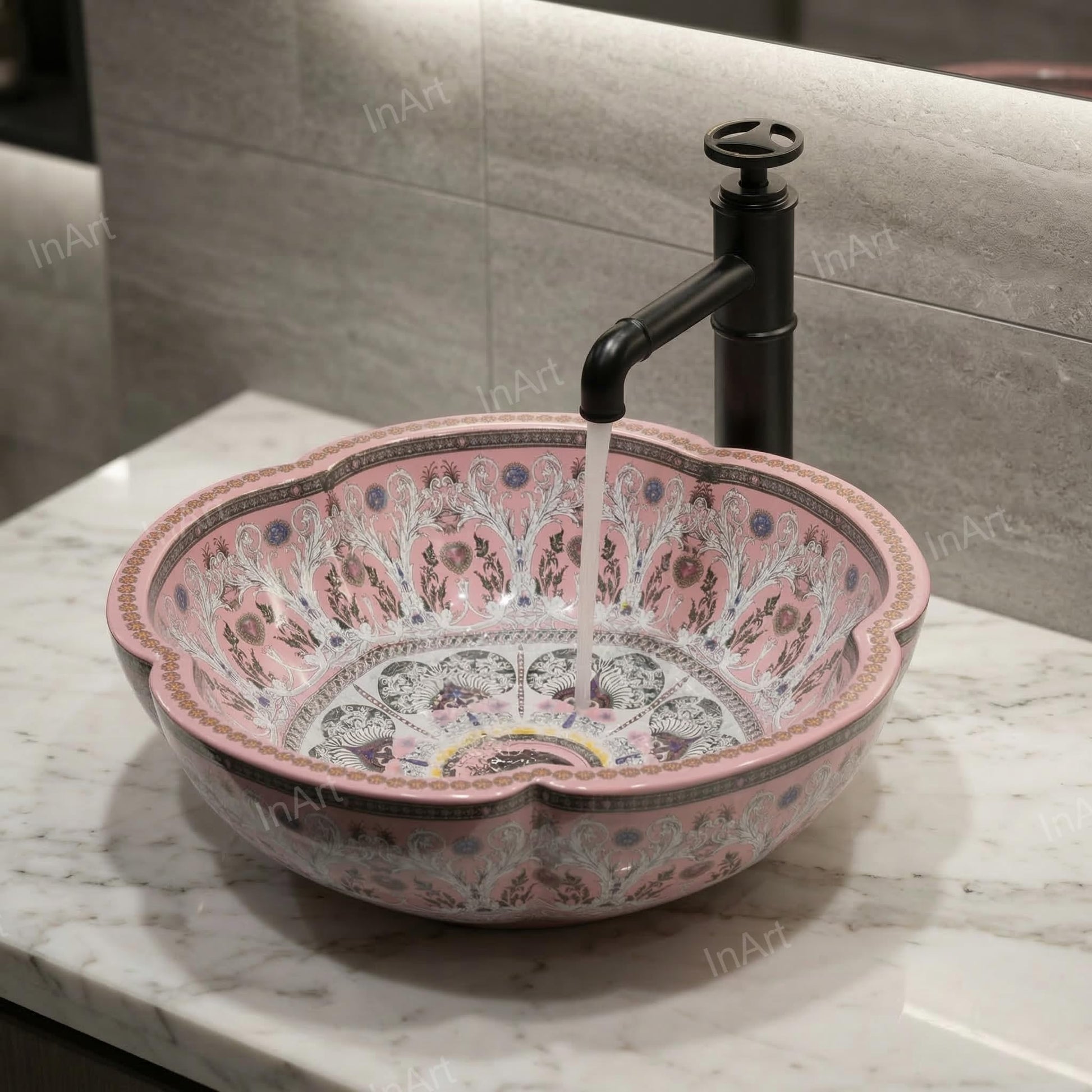 Ceramic wash basin design close-up showing smooth glossy pink glaze and oval rim detailing