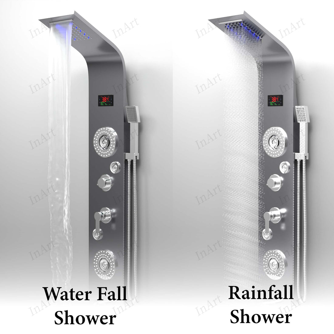 yagatap InArt rectangular 304 stainless steel shower panel tower in brushed chrome, front view