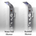 Brushed chrome shower panel with rainfall and waterfall head, angled view of rectangular stainless steel body