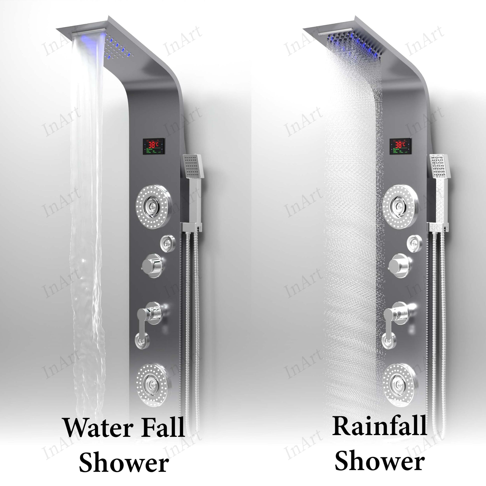 Brushed chrome shower panel with rainfall and waterfall head, angled view of rectangular stainless steel body