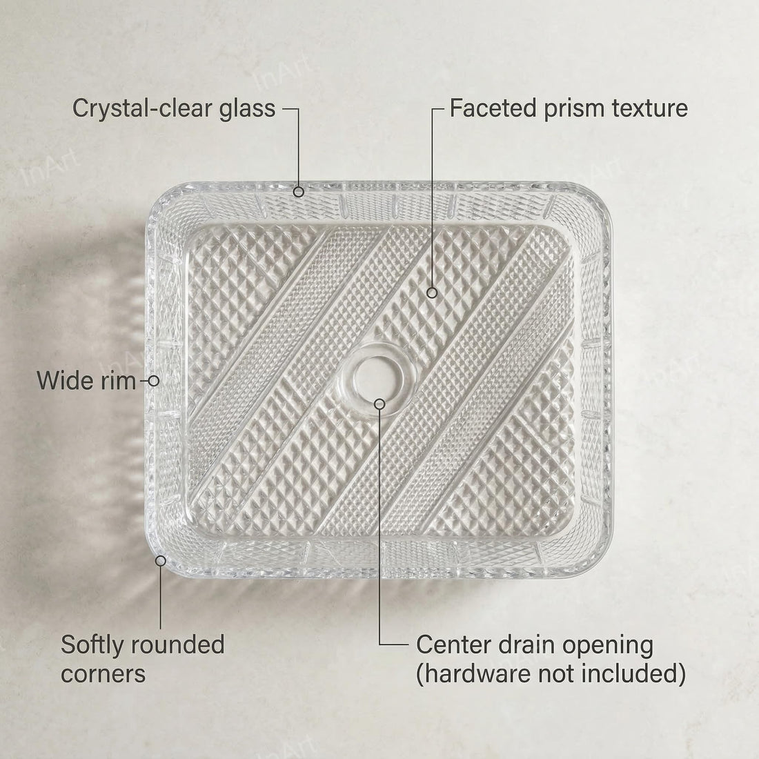 InArt transparent glass wash basin, tempered glass rectangular table top sink with clear glossy finish