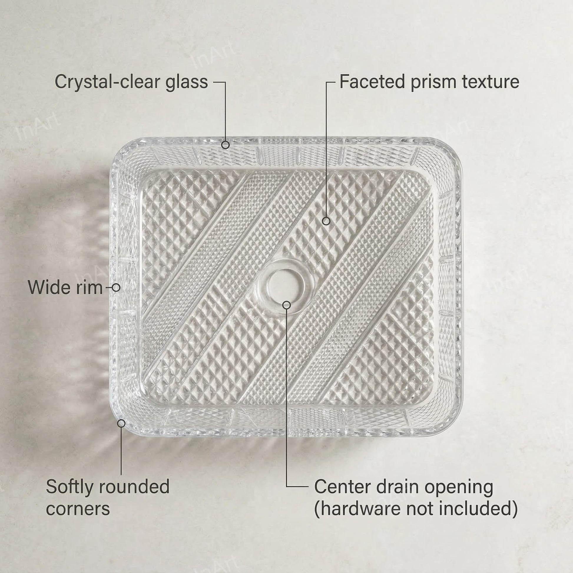 Designer clear glass wash basin table top, rectangular tempered glass sink shown at angled view