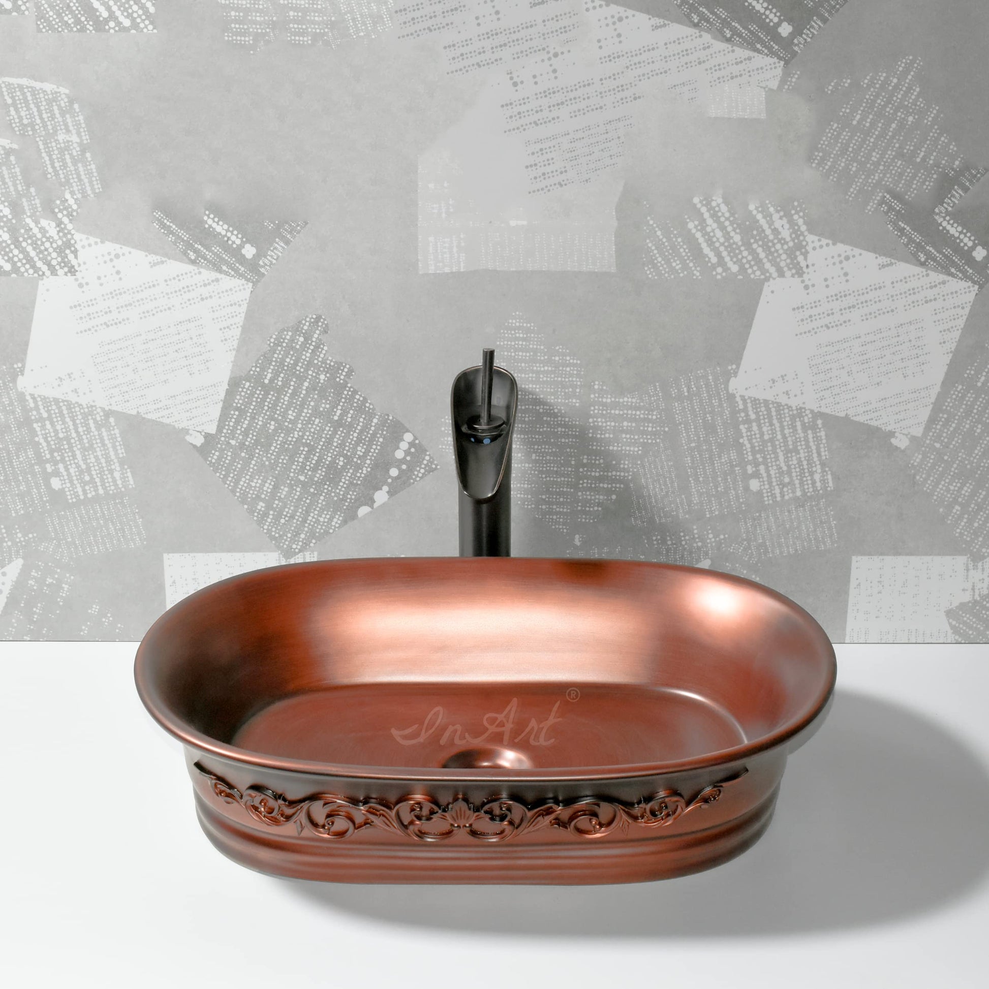 InArt table top wash basin design for bathroom interior, stylish matt copper ceramic basin on counter with tap space