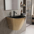 Close-up of black gold ceramic wash basin rim and finish, premium wall hung basin with half pedestal for washroom