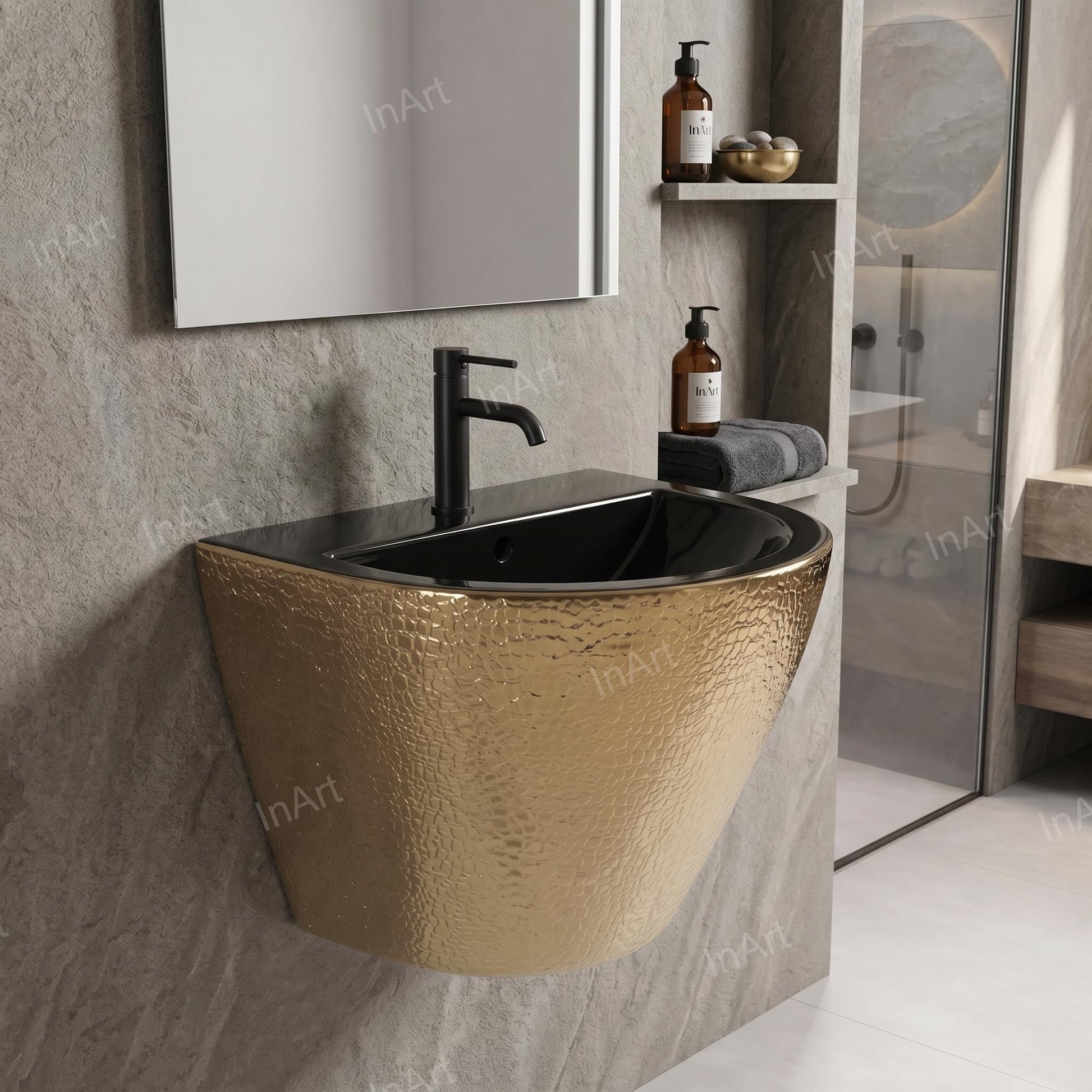 Close-up of black gold ceramic wash basin rim and finish, premium wall hung basin with half pedestal for washroom