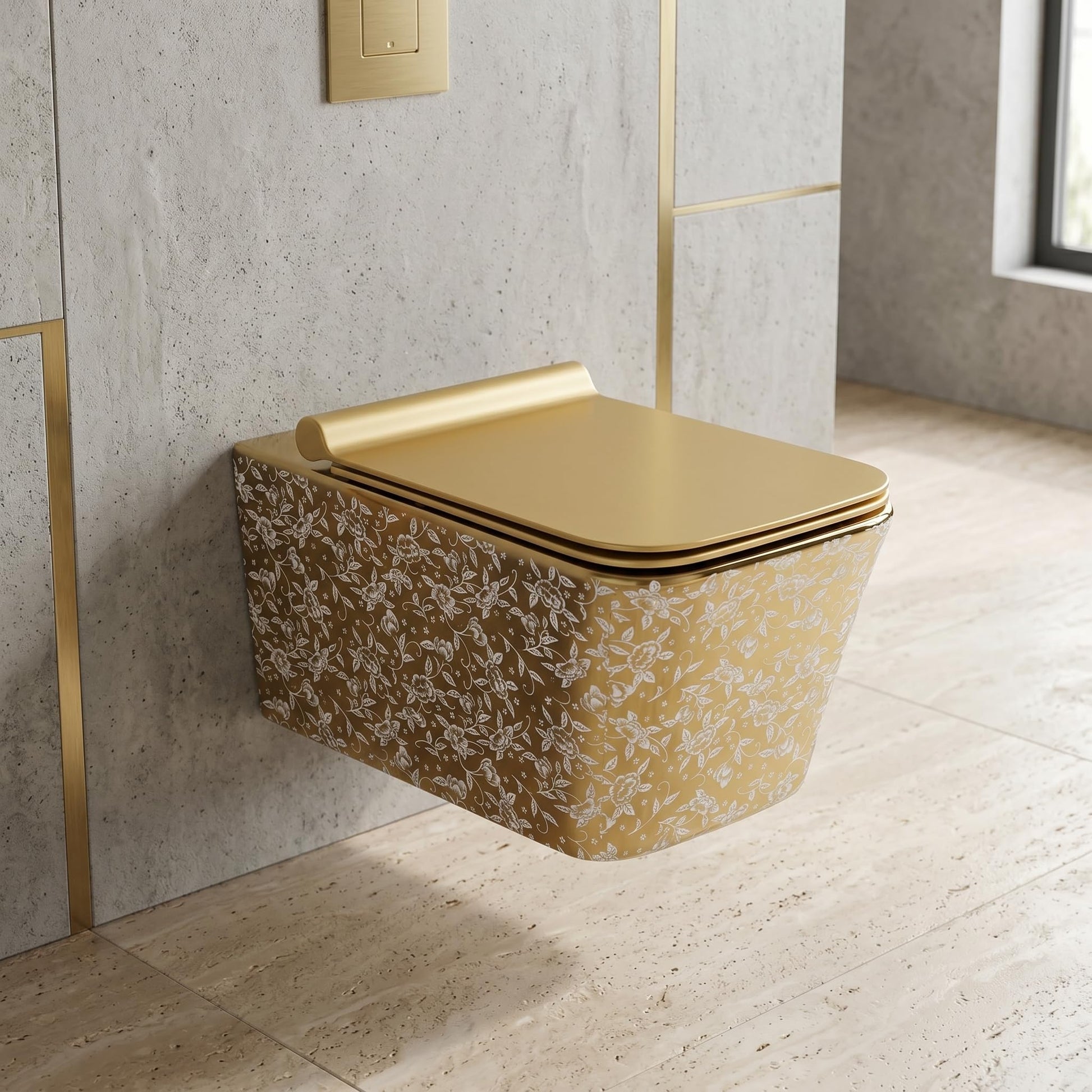 Hindware wall mounted commode style InArt ceramic square wall hung WC in glossy white with gold leaf pattern