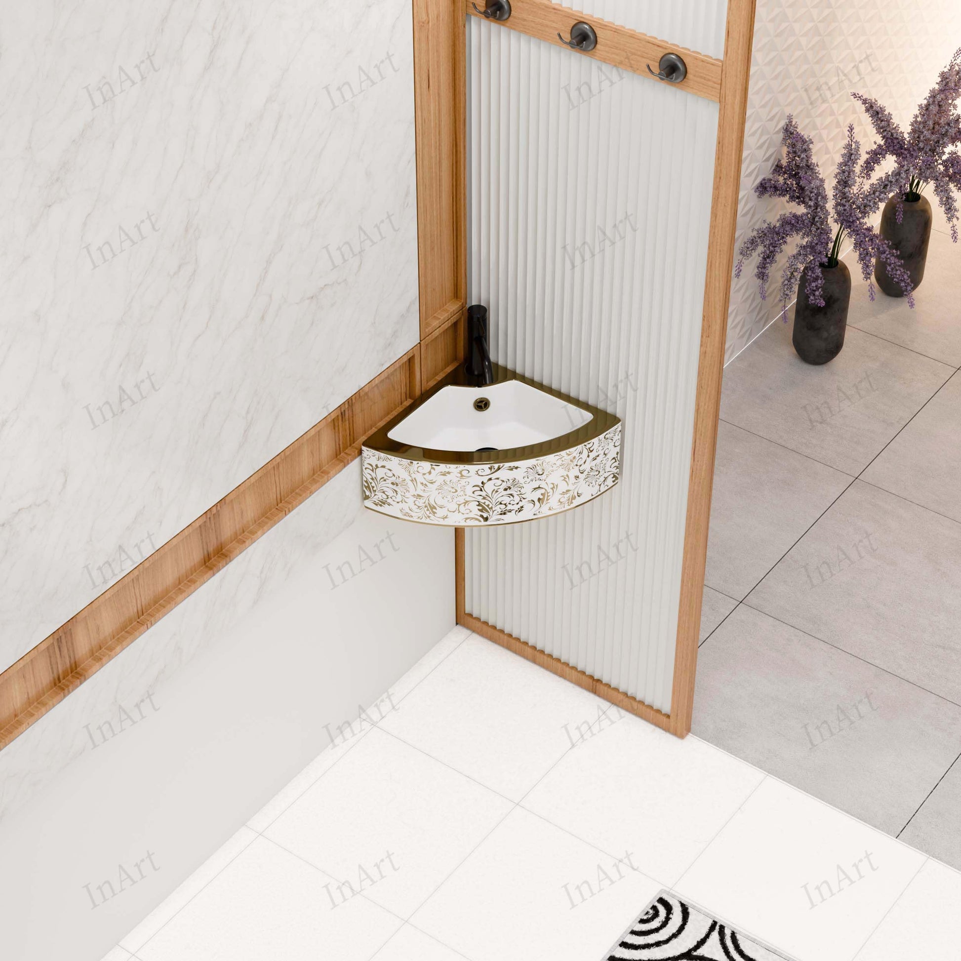 Wash basin online product detail, InArt gold ceramic table top wash basin showing size 43 x 32 x 13 cm