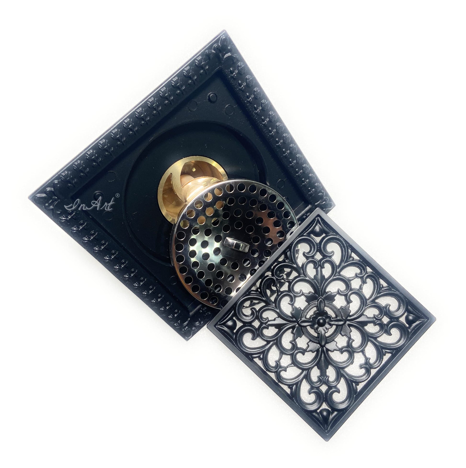InArt square brass floor drain jali, durable anti-odour cockroach trap for bathroom and kitchen, bronze black