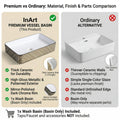 Wash basin waste coupling compatible outlet view, glossy gold ceramic table top wash basin, rectangular shape