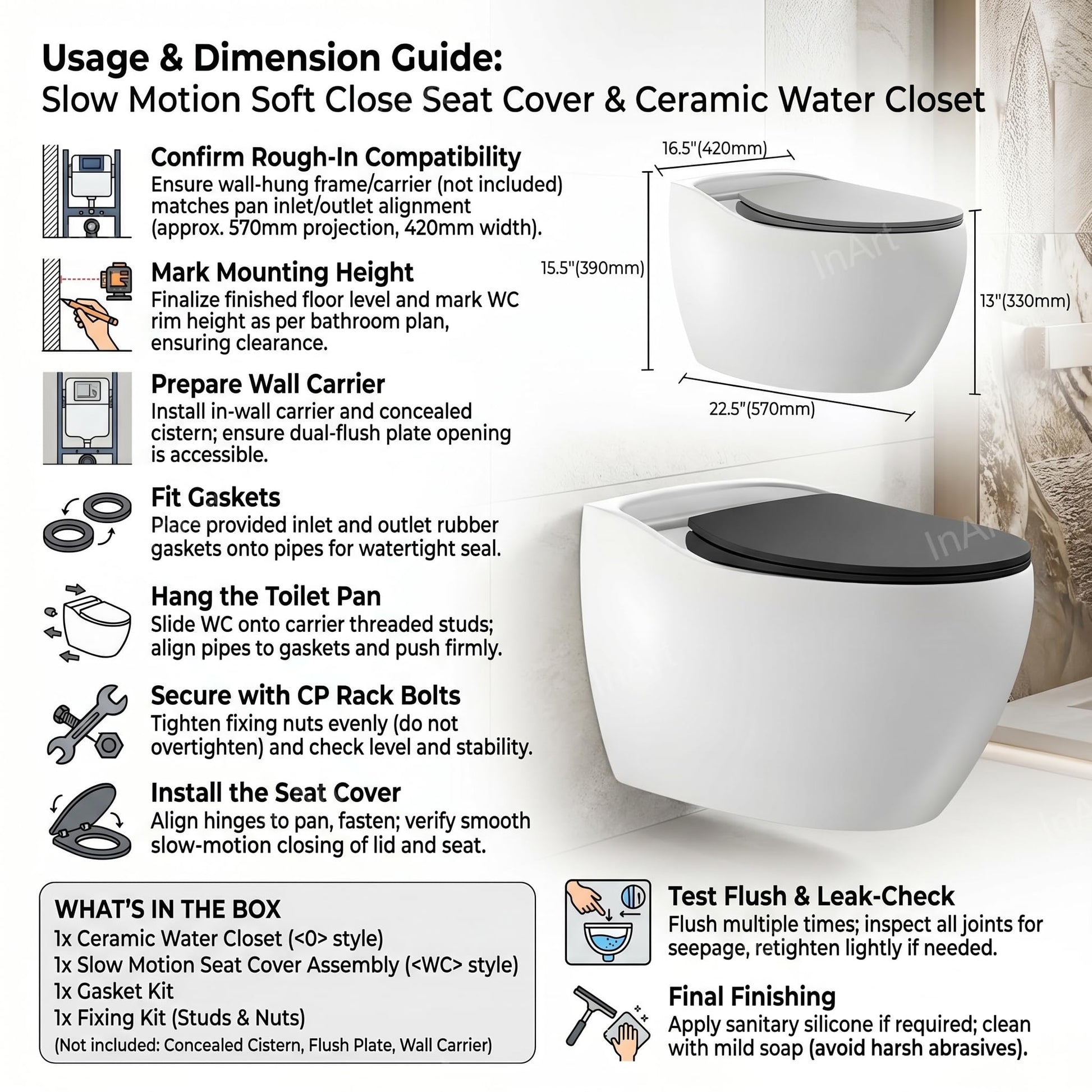 Rectangular wall mounted WC in glossy finish, modern bathroom commode design with easy-clean ceramic